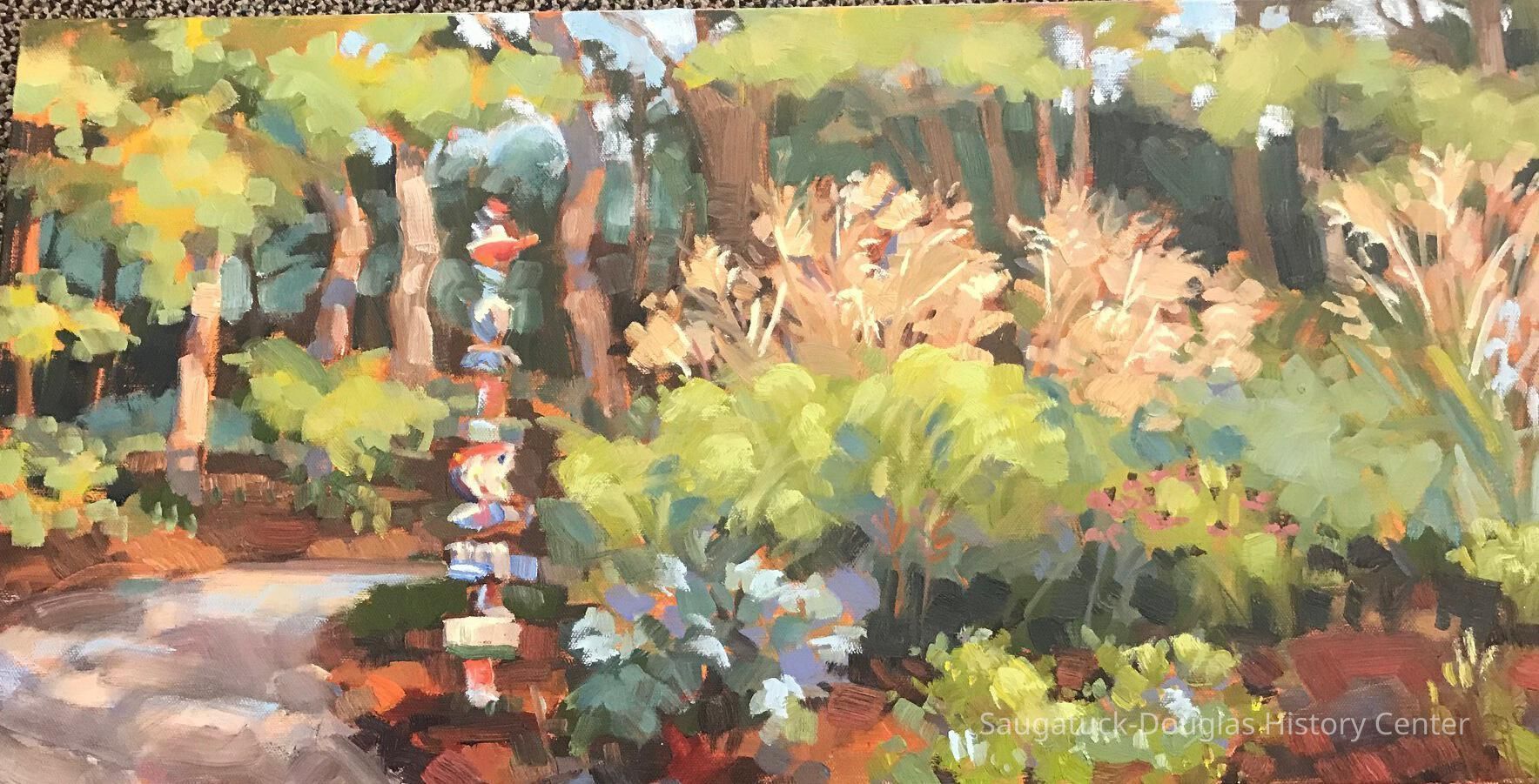          Old School House Garden; Oil Painting of the Old School House Garden by Anne Corlett
In the Summer of 2017, Anne Corlett participated in a special event gathering at the Old Schoolhouse, where she created the “Old Schoolhouse Garden” oil painting while the public watched her paint. At the time Anne promised to eventually give the painting to the History Center. In the fall of 2020, Anne kept her promise and presented the painting to the Saugatuck Douglas History Center for our permanent collection.
   