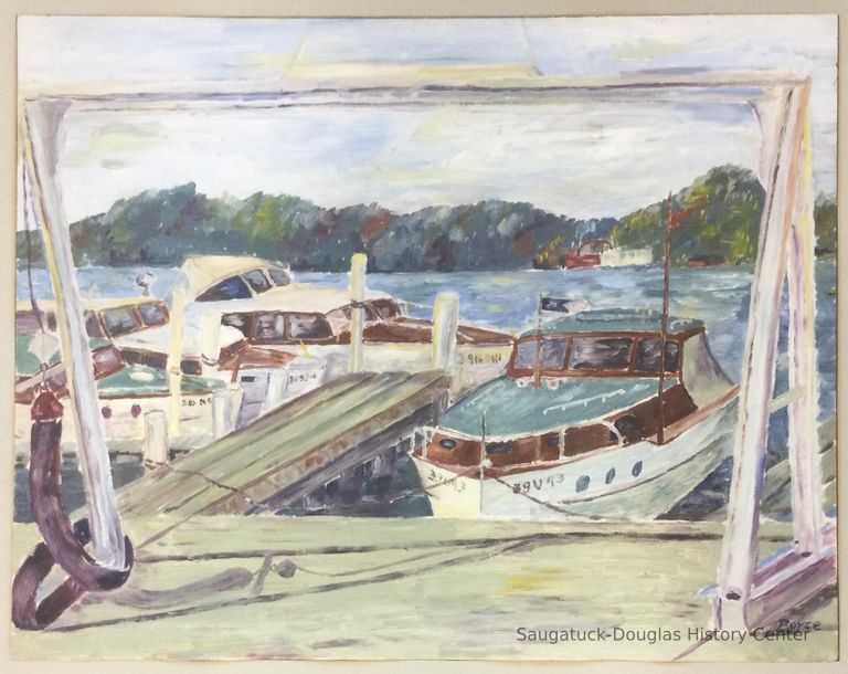          Oil painting of boats in the water framed by a boat launch
   