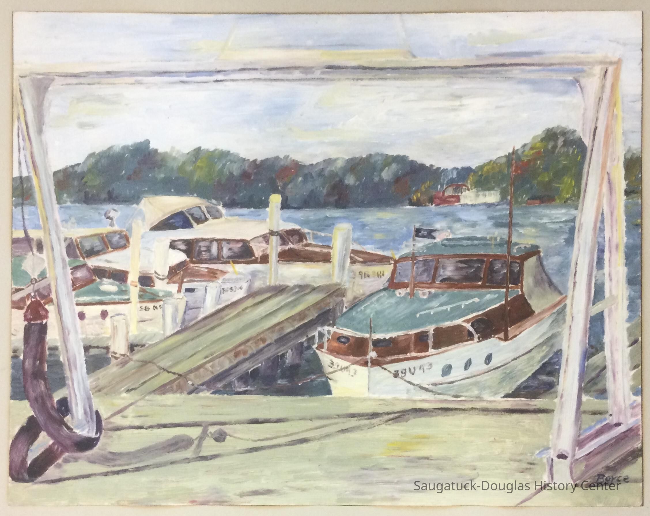 Oil painting of boats in the water framed by a boat launch