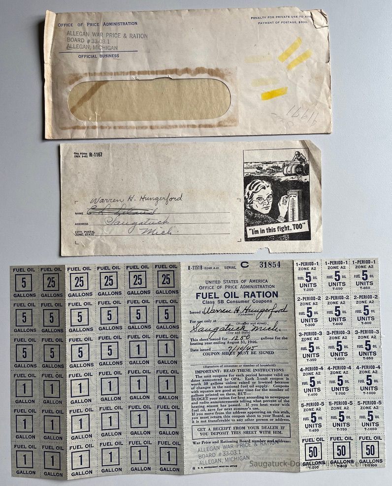 1. Envelope, insert and World War II fuel oil ration stamps fronts