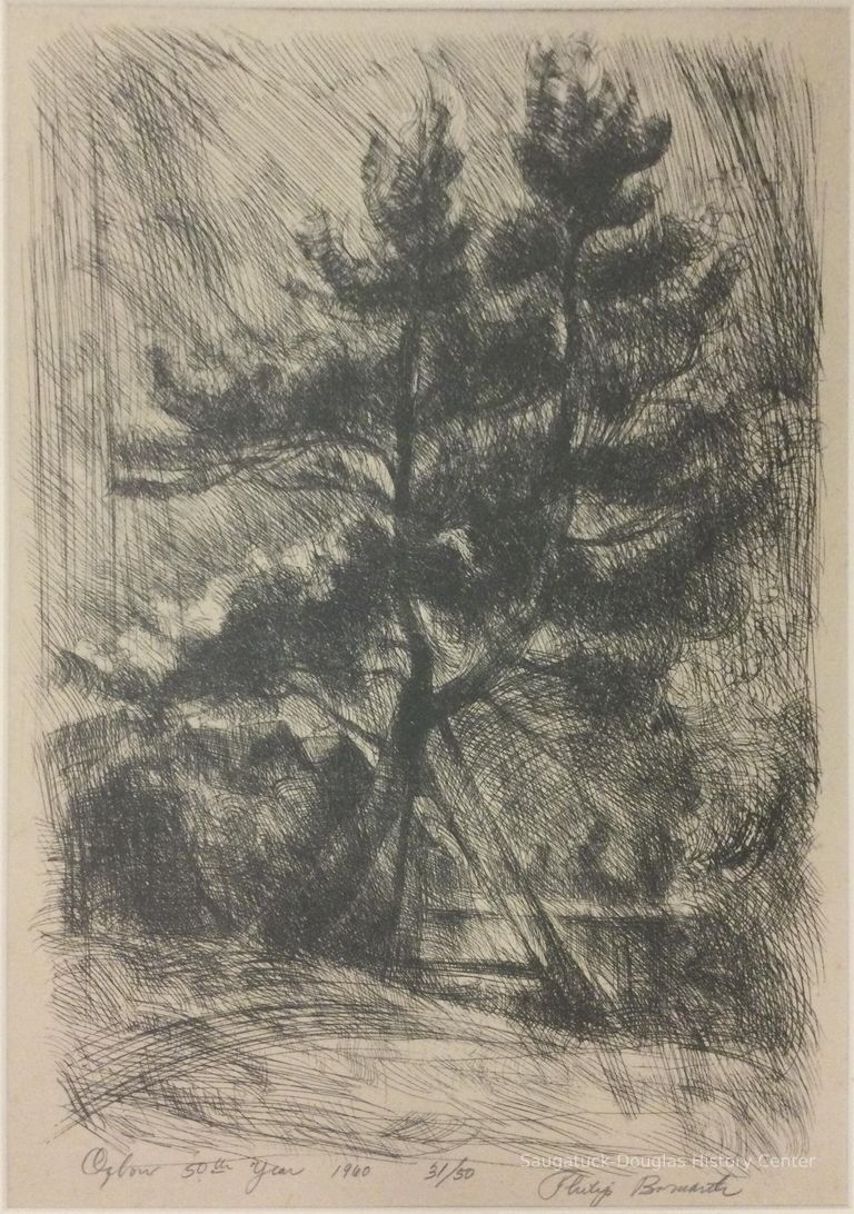          Print of a leaning white pine
   