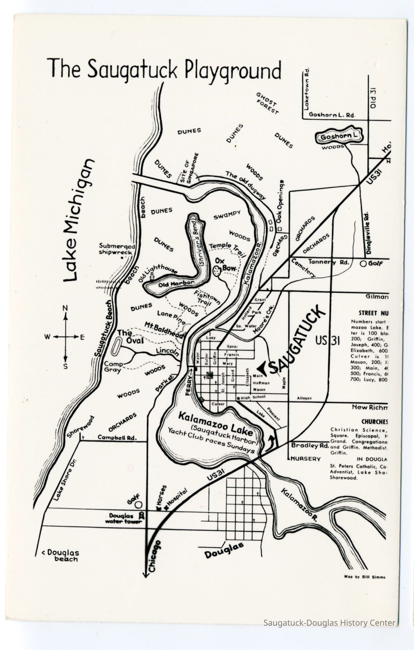 Saugatuck_map_postcard.jpg 575KB from Zolper collection; The Saugatuck Playground map by Bill Simmons that includes the Douglas water tower, Old Allegan Road as New Richmond Road, orchards off Campbell Road, Camp Gray, Lincoln Road, Lone Pine, Fishtown Trail, Temple Trail, Shriver's Bend, submerged shipwreck, site of Singapore, the old Dugway, ghost forest, Dingleville Road, Tannery Road, Oak Openings, Moore's Creek and Old US31.