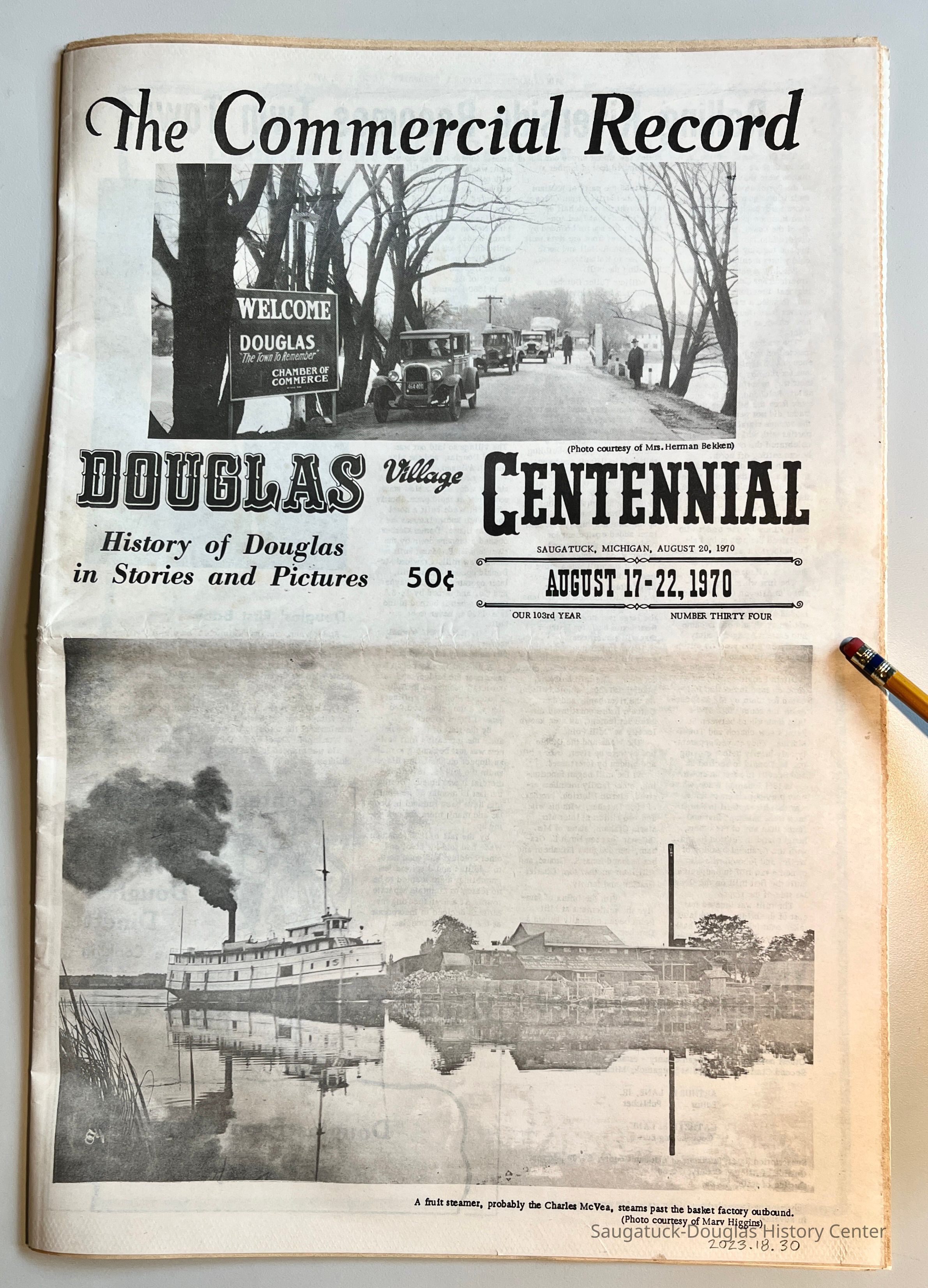         Front cover; The cover has two large photos of the Douglas side of the Kalamazoo Bridge (courtesy Mrs. Herman Bekken) and the fruit steamer Charles McVea by the basket factory (courtesy of Marv Higgins)
   