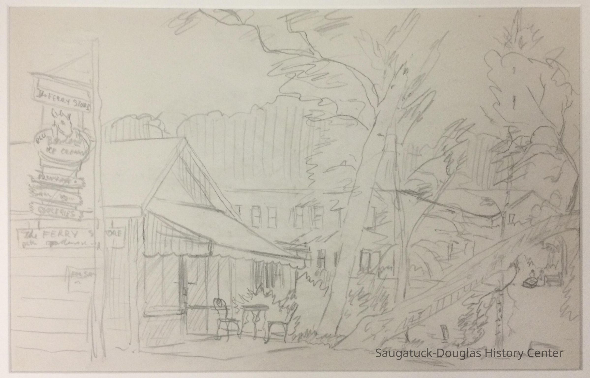          Pencil drawing of the Ferry store in Saugatuck
   