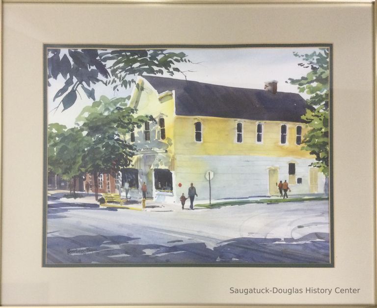          Watercolor painting of the street corner of Butler and Hoffman in downtown Saugatuck
   