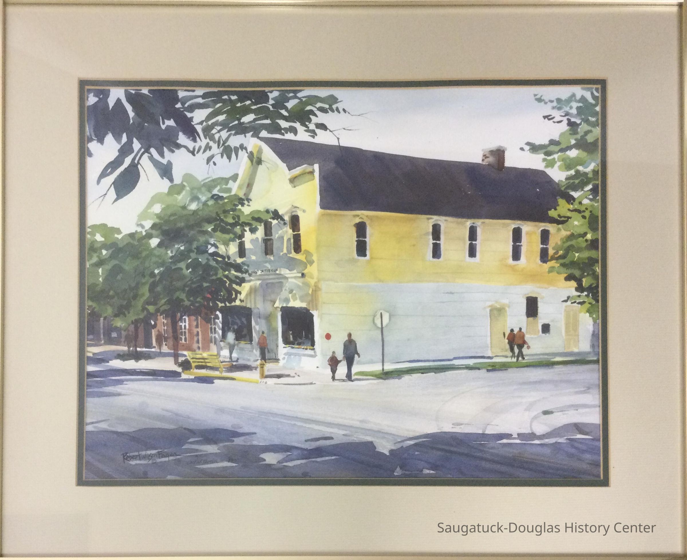 Watercolor painting of the street corner of Butler and Hoffman in downtown Saugatuck