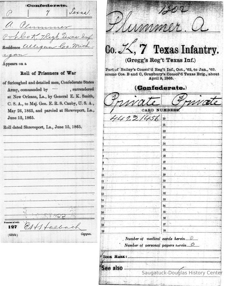          58 Plummer records.jpg 3.3MB; Andrew Plummer, son of Elvira and Benjamin Plummer who came to Allegan County in 1834, was the first white child born in Saugatuck Township. He left for Texas in 1 860 and was, by his own description 