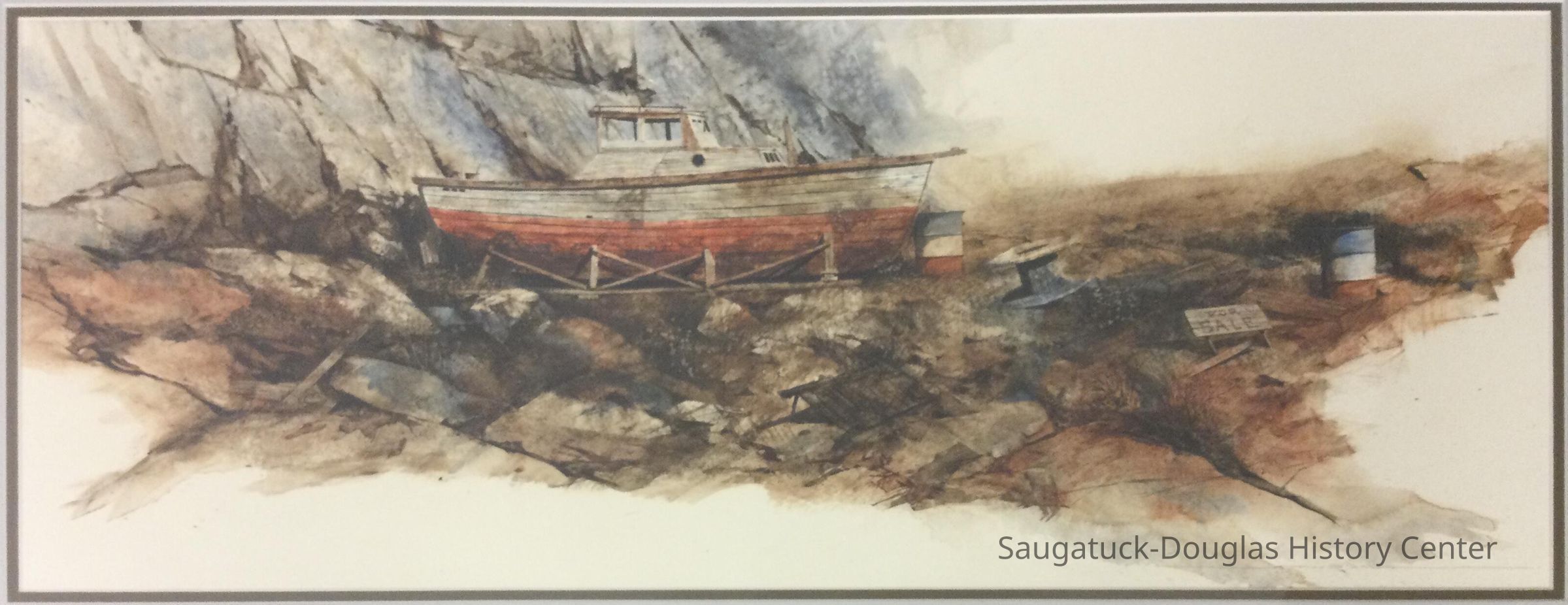 Watercolor painting of a boat on land