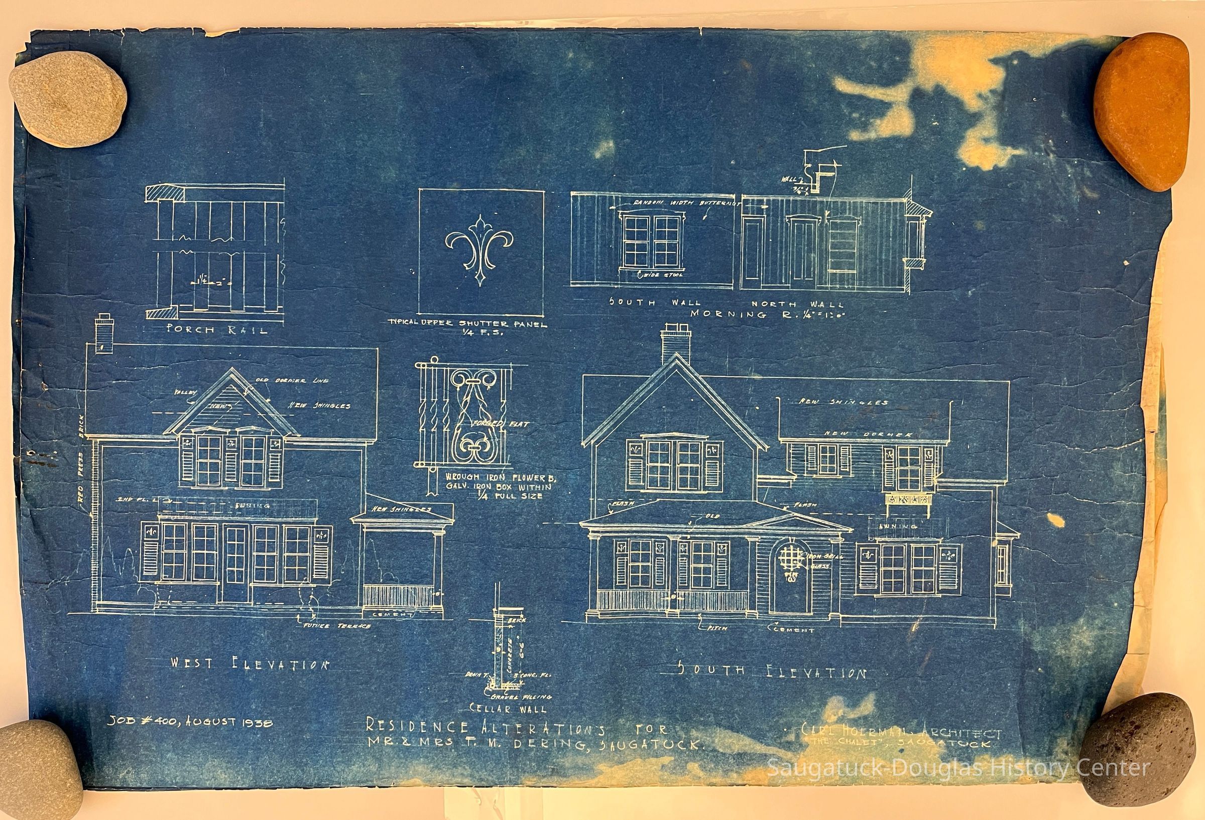 West and south elevations to Dering residence, August 1938; Pages held down by rocks to keep them from curling up.