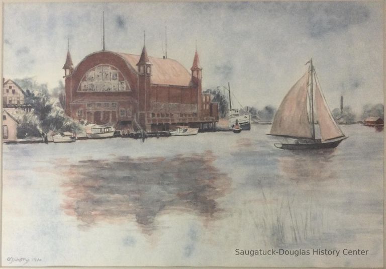          Watercolor painting of the Big Pavilion, view from across the river
   