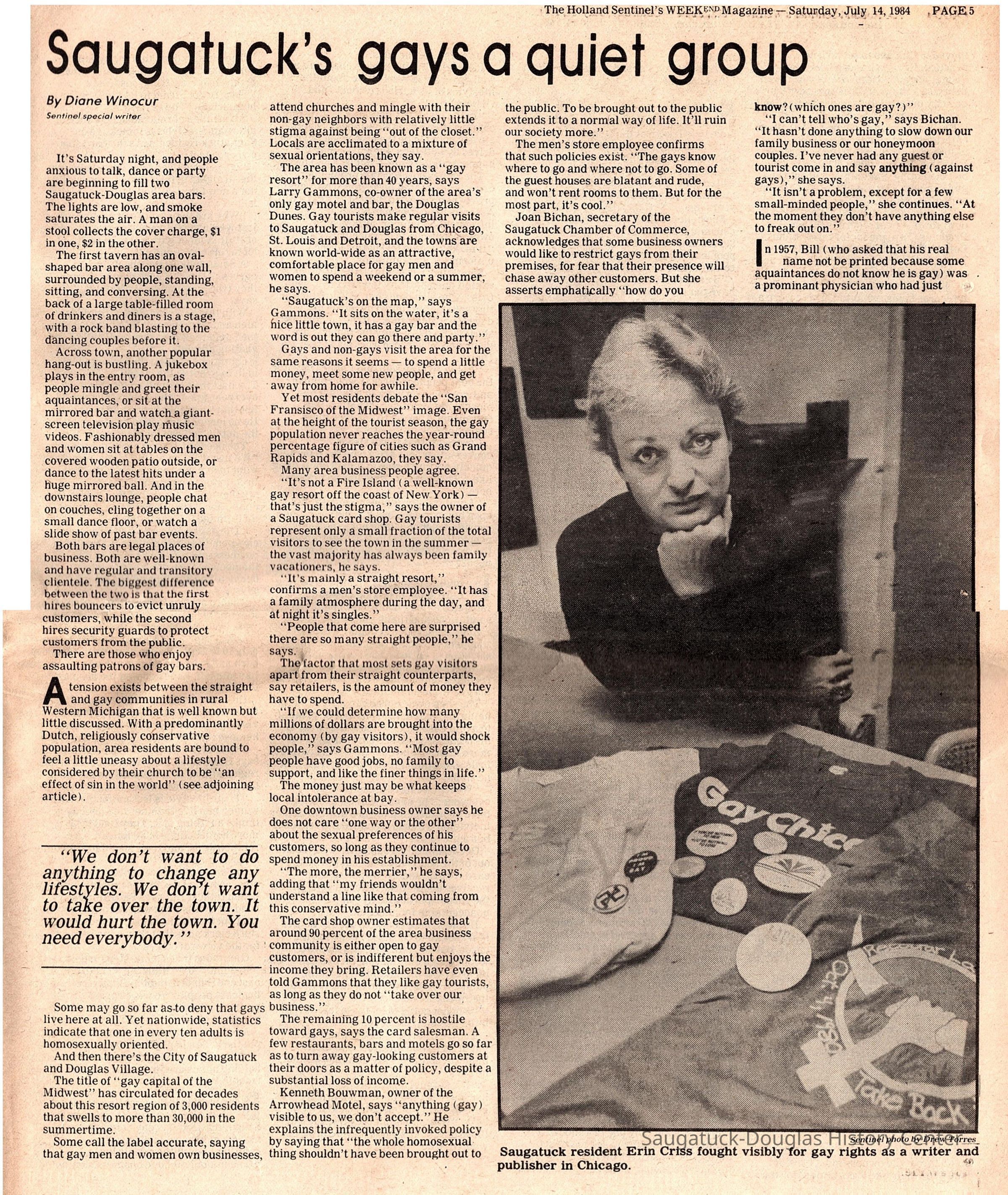          Weekend Magazine 'Saugatuck's Gays' part 1 c.jpg 4.5MB; Photo of Erin Chris, former co-owner and editor of Chicago's Gay Life News, who lived in Saugatuck Township and tends bar at 