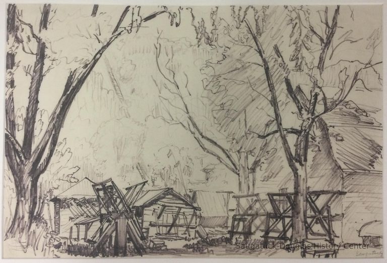         Drawing of fishnets drying in the woods
   