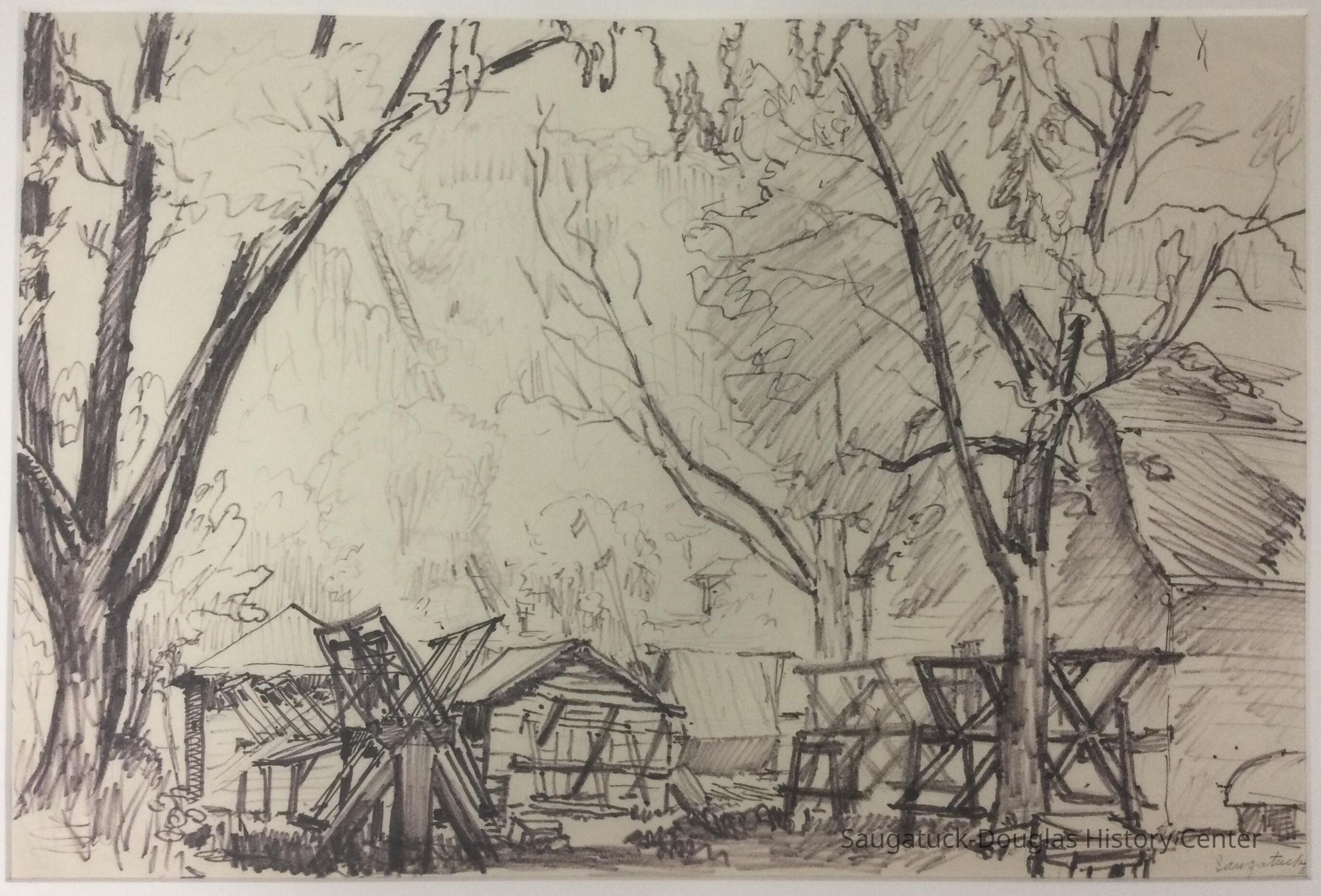 Drawing of fishnets drying in the woods