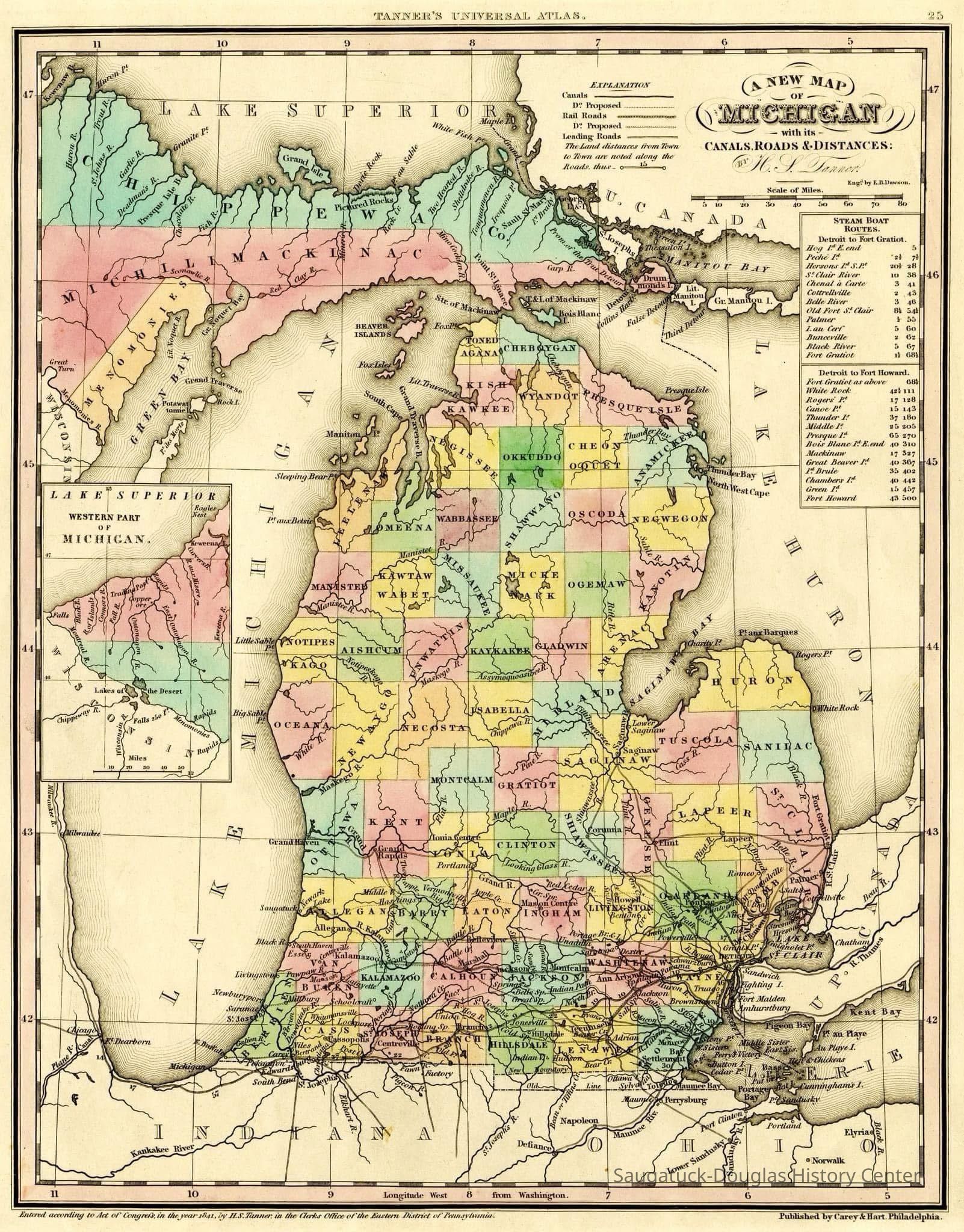 Tanner1841+.jpg 881KB; from facebook via Steve Hutchins, May 2025 -- A New Map Of Michigan with its Canals, Roads & Distances: By H.S. Tanner. Engd. by E.B. Dawson. Entered ... 1841 by H.S. Tanner ... Pennsylvania. Published by Carey & Hart Philadelphia. (above neat line) Tanner's Universal Atlas.