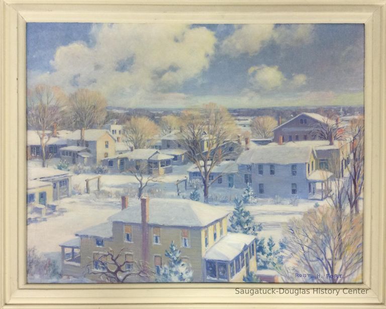          Oil painting of a winter scene in Saugatuck
   