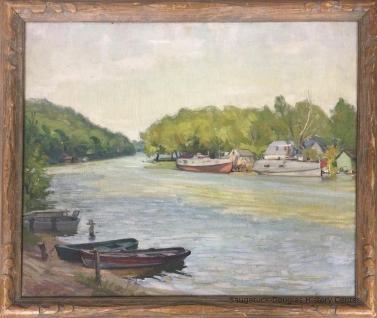          Oil painting depicting boats ashore on the Kalamazoo river
   