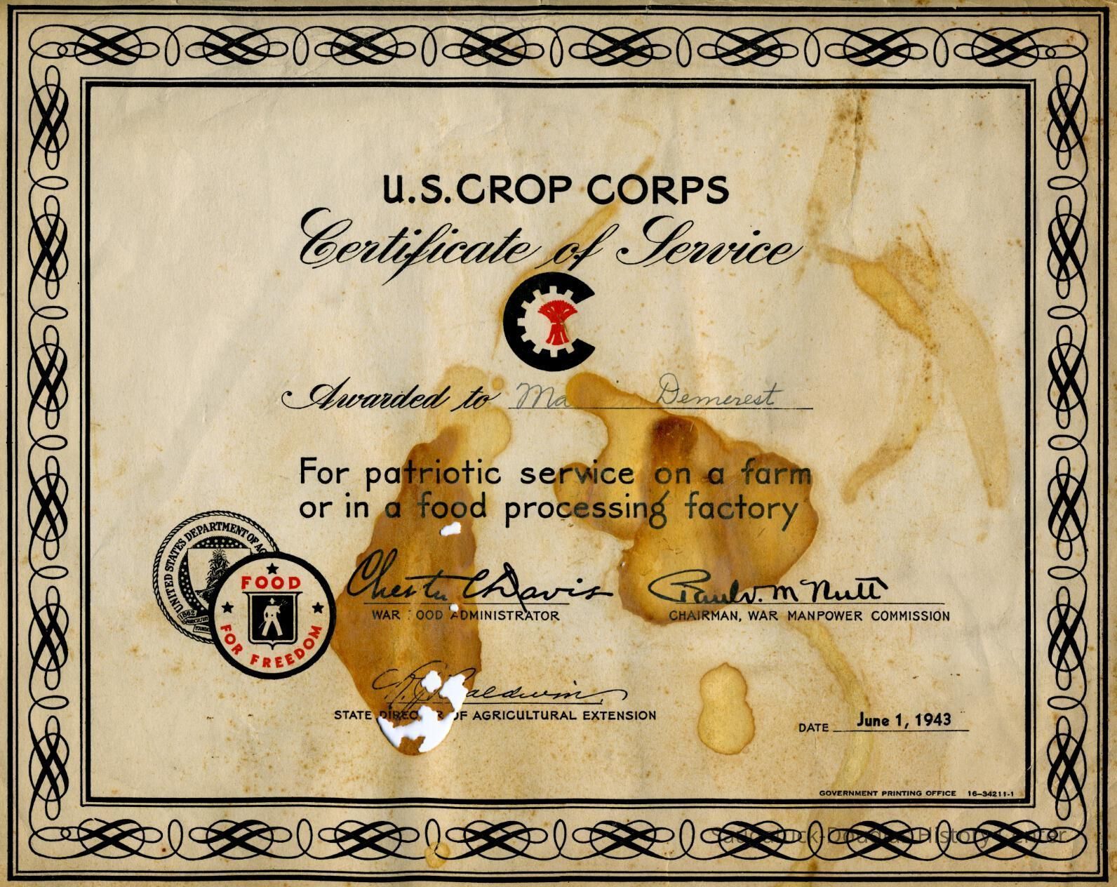 U.S. Crop Corps Certificate of Service Awarded to Marvin Demerest