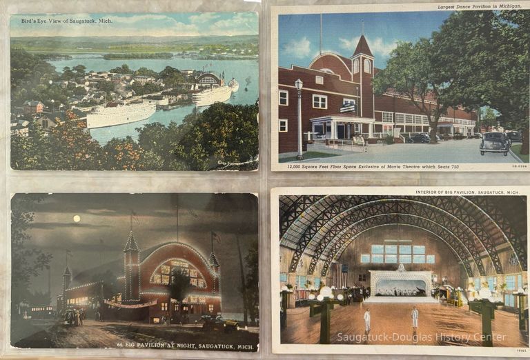          Big Pavilion Sheet 01; The image displays four vintage postcards depicting scenic and interior views of the Big Pavilion located in Saugatuck, Michigan.
   