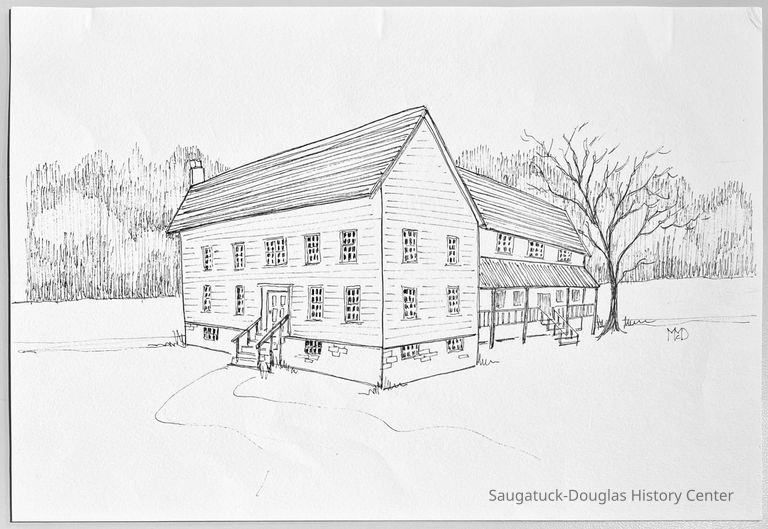 Image caption from "Raising the Roof" 2nd ed., page 13:
THE BOARDING HOUSE AT SINGAPORE
1837-1869
Singapore, Saugatuck Harbor
As described by one former resident, "this great human beehive" was a gray and unpainted house (60'x 40'), three stories high and had a bar room, dance floor (the kitchen), and an "immense" cooking stove. Over its lifetime it housed hundreds of mill workers as well as travelers/immigrants seeking land and jobs.
Drawing by Margaret McDermott, based on recollections of Laura C. Hutchins, cited in H. H. Hutchins, Western Allegan Pioneer Days (1919, reprint, 1995).