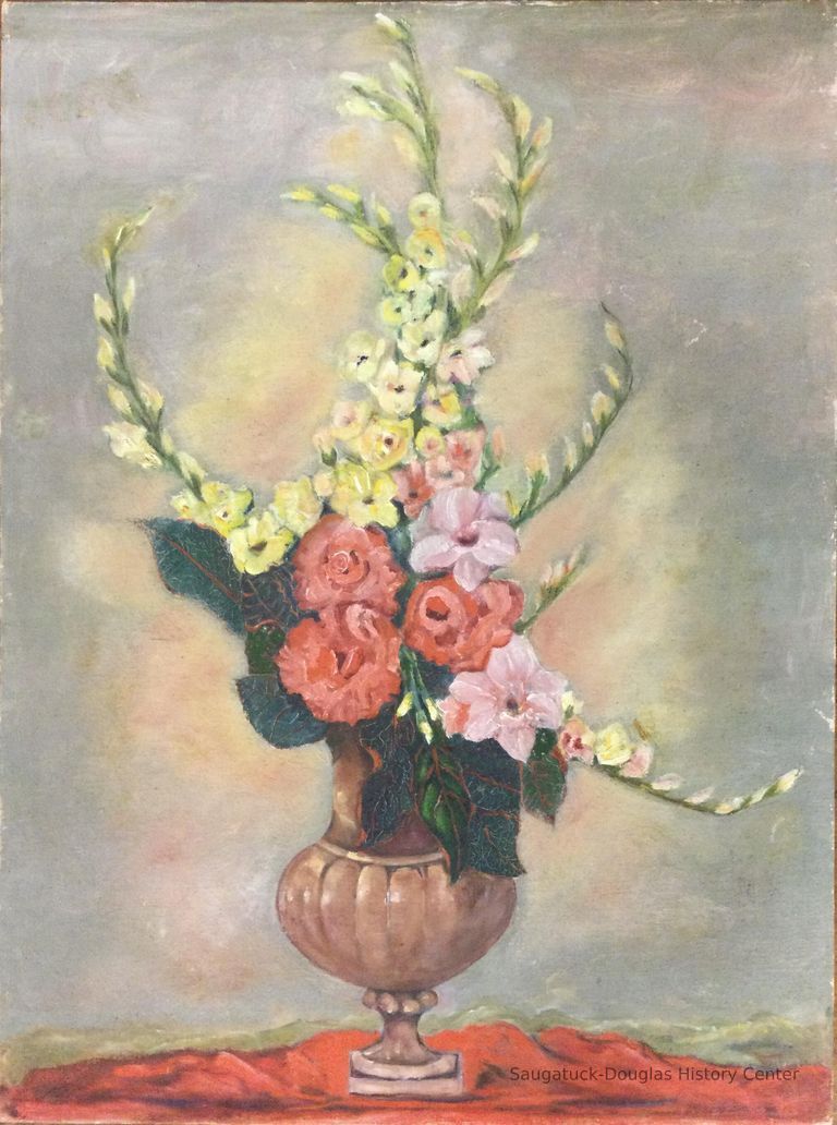          Oil painting of assorted flowers in a fancy vase
   