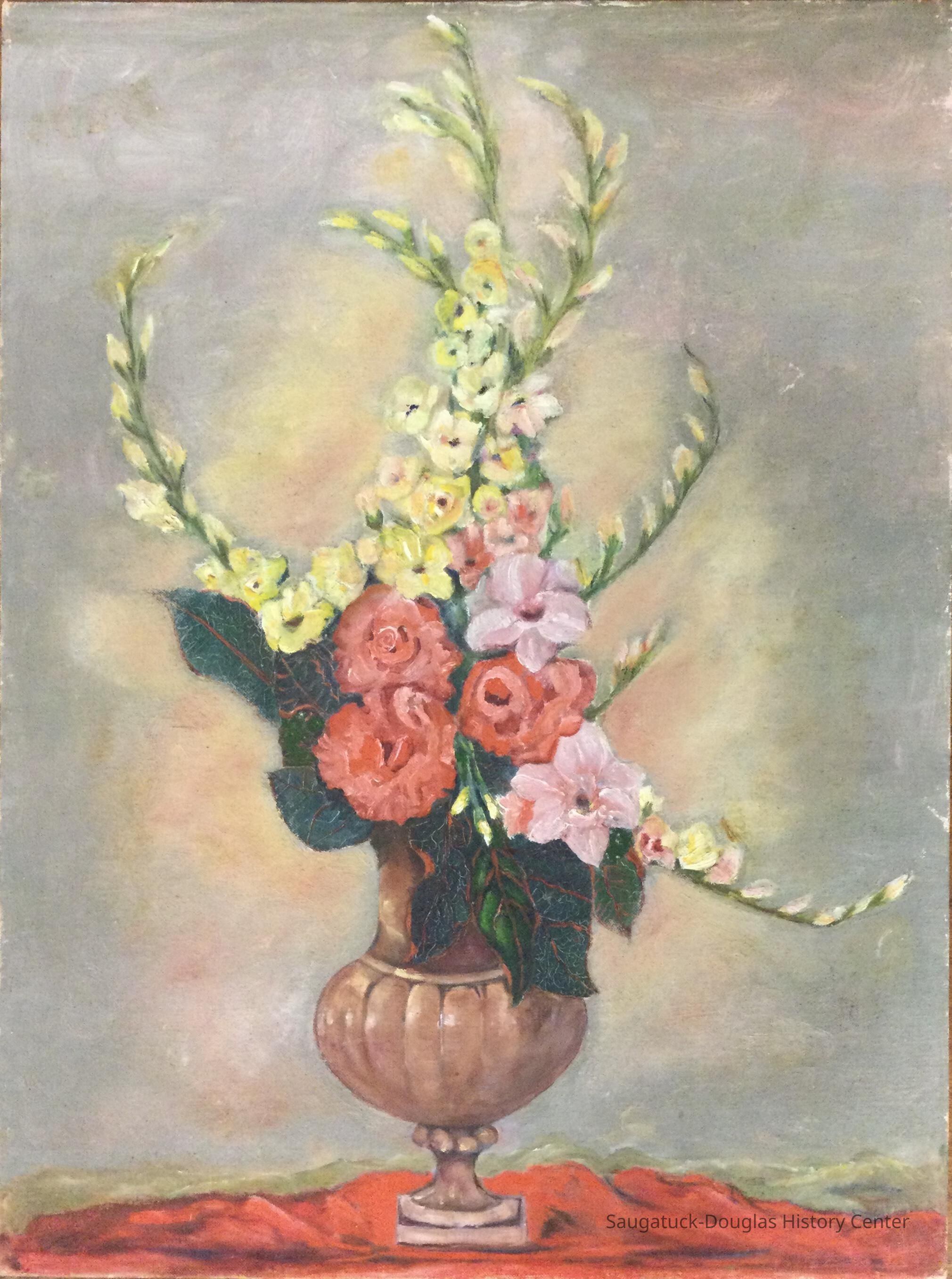Oil painting of assorted flowers in a fancy vase