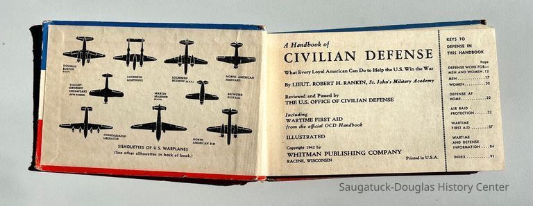Inside front cover with plane spotter end paper illustrations and table of contents