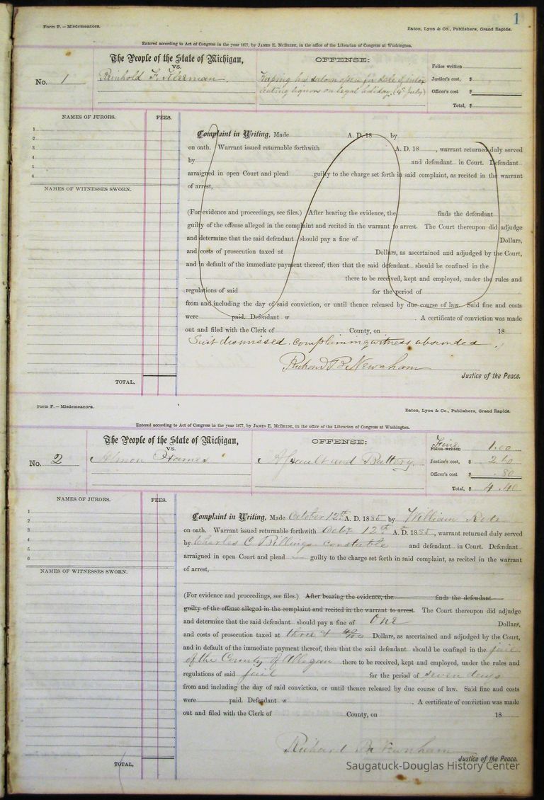          page 1 of the docket; Case no. 1 - Reinhold F. Kleeman, tavern owner, charged with selling liquor on the 4th of July holiday. Charge dismissed.
No. 2 - A. Hames charged with assault and battery on William Rode by Constable Charles C. Billings, Oct. 12, 1885. Fined $4.40. ($127 in 2023 dollars) by Justice of the Peace Richard B. Newnham.
   