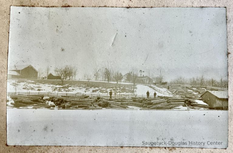          log slide: cut pine logs waiting for the spring melt-flood to carry them downriver to the lumbering mills.; May be Purdy's Riverside Farm in the distance.
   