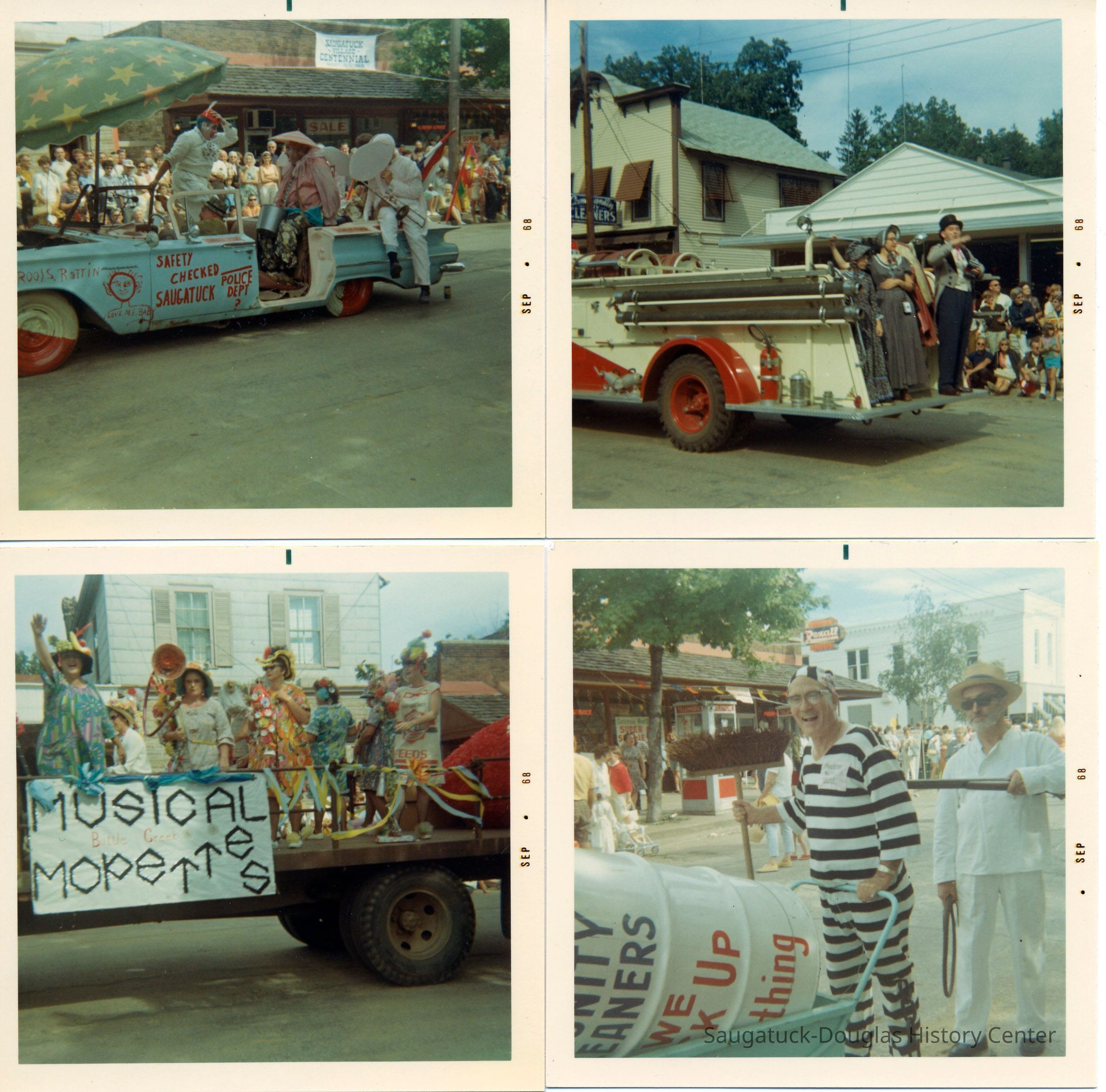          94-1-13B_Saug._Centennial_Parade.jpg 1MB; Battle Creek Musical Mopetts, Community Cleaners convict Bob Rea outside the Rexall Drugs guarded by Erv Diepenhorst
   