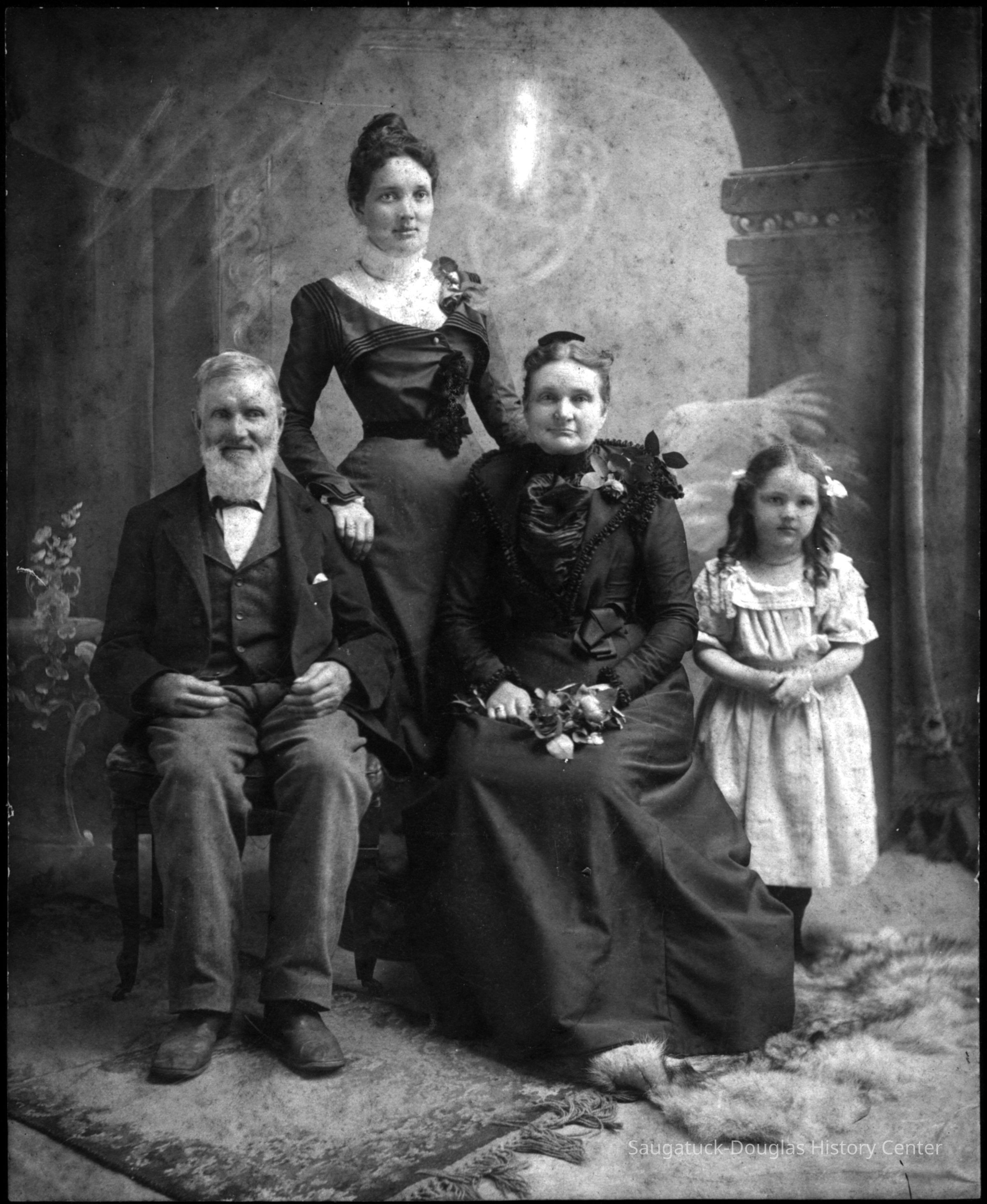 May_-Morrison-_Mrs_Francis.jpg 1.6MB; May Heath with grandfather S.A. Morrison (1815-1905),
mother Julia Francis (1846-1924) and daughter Gladys
It was natural for May Francis Heath to become Saugatuck's first historian. Her grandparents, Stephen A. and Mary Peckham Morrison, were among the first settlers and a