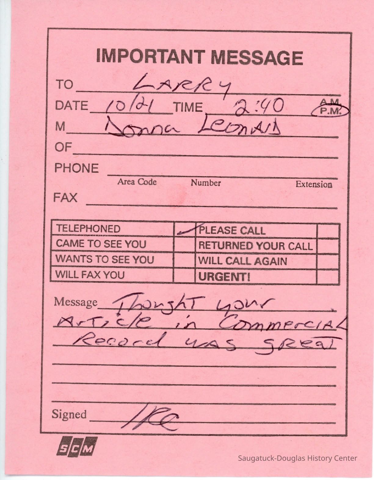 Note with Compliment Regarding an Article in the Commercial Record (1)