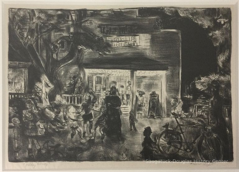          A lithograph that depicts a night scene in front of a movie theater.
   