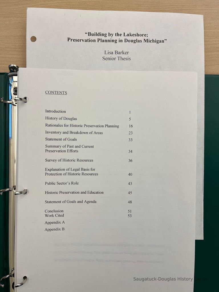          Introduction
History of Douglas
Rationales for Historic Preservation Planning
Inventory and Breakdown of Areas
Statement of Goals
Summary of Past and Current
Preservation Efforts
Survey of Historic Resources
Explanation of Legal Basis for Protection of Historic Resources
Public Sector's Role
Historic Preservation and Education
Statement of Goals and Agenda
Conclusion
Work Cited
Appendix A
Appendix B
   