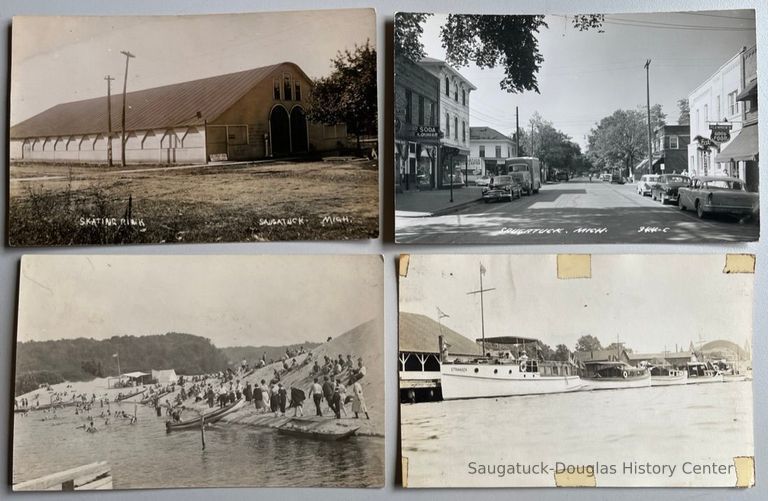          Real photo postcards front; Skating Rink, Butler Street, Bathing beach at turning basin, Yacht 