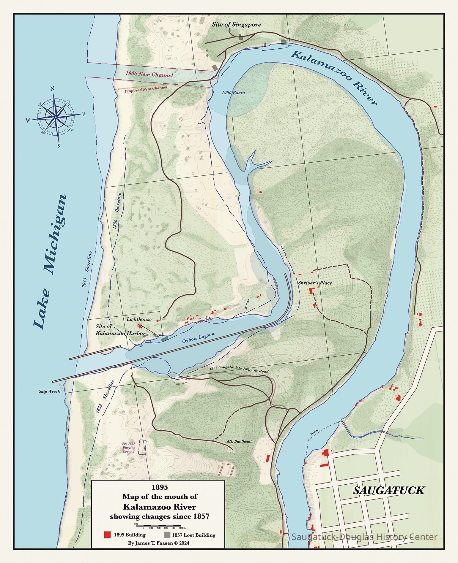 1895ai200.jpg 1.9MB; Map ©James T. Faasen 2024, submitted 12 Dec 2024. Map is based on 1857 and 1895 survey maps of the mouth of the Kalamazoo River.