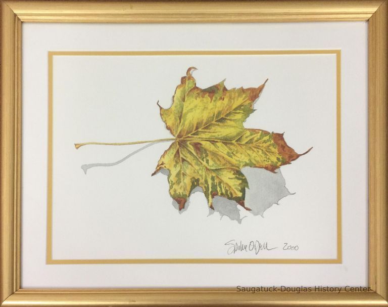          Watercolor painting of a yellow fall colored maple leaf
   