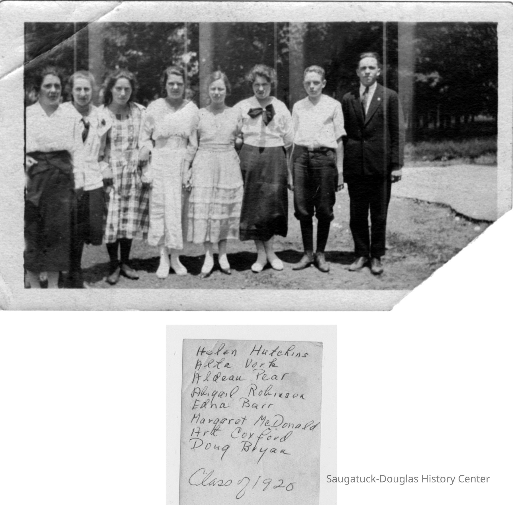          Class of 1918.jpg 369KB; Helen Hutchins, Alta Vork, Aldean Pear, Abigail Robinson, Edna Barr, Margaret McDonald, Art Coxford, Doug Bryan, Class of 1920
   