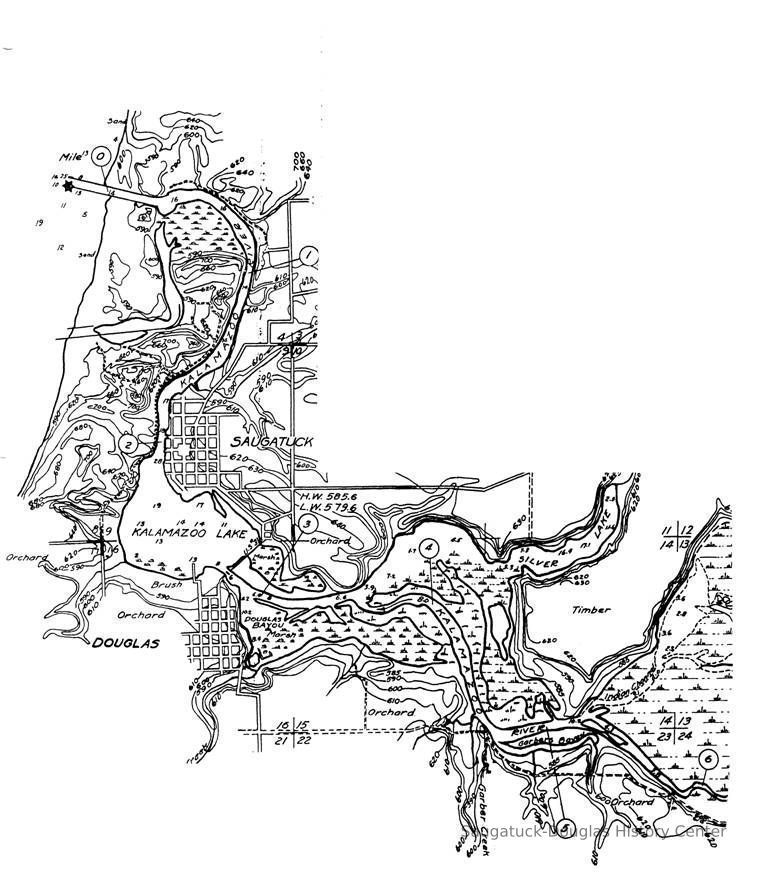          A map reprinted from a report from the Chief of Engineers, U. S Army, to the U. S Horse of Representatives, on January 15, 1932. This was before the Blue Star Highway was built, when Maple Street was the major north-south street in Saugatuck. Note in text mention of the last regular passenger service which had ended in 1929.
   