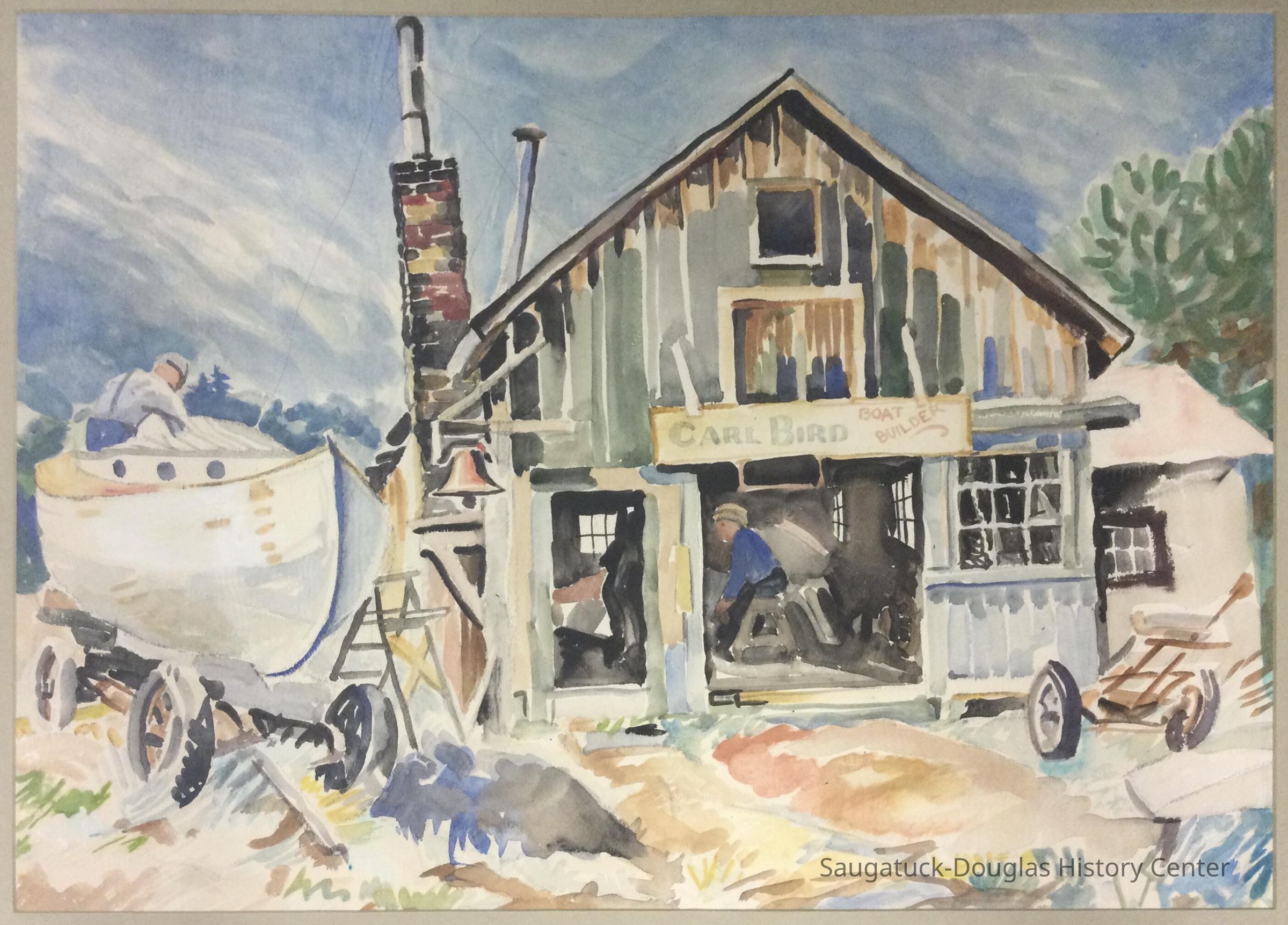          Watercolor painting of Carl Bird boat builders
   