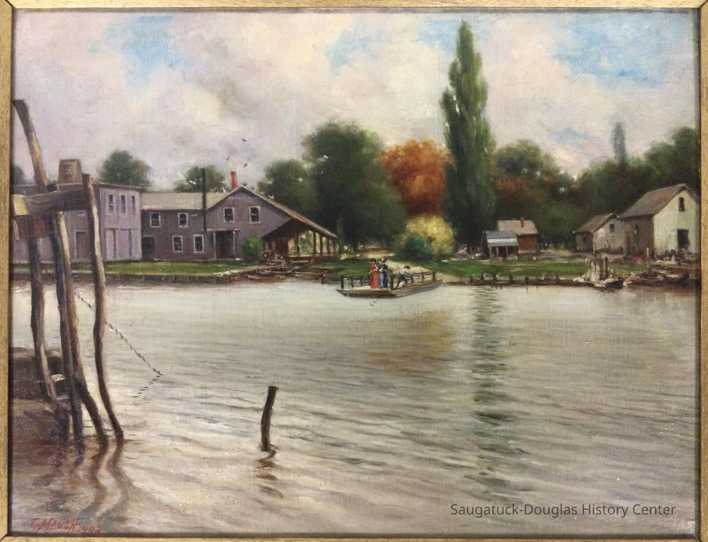 Oil painting of the Saugatuck ferry and tourist homes, dated 1902