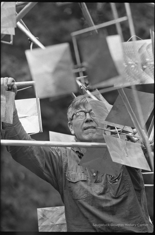          George Rickey working on Crucifera IV in his studio in East Chatham New York, c.1965; photo by Carl Howard, copyright George Rickey Estate
   