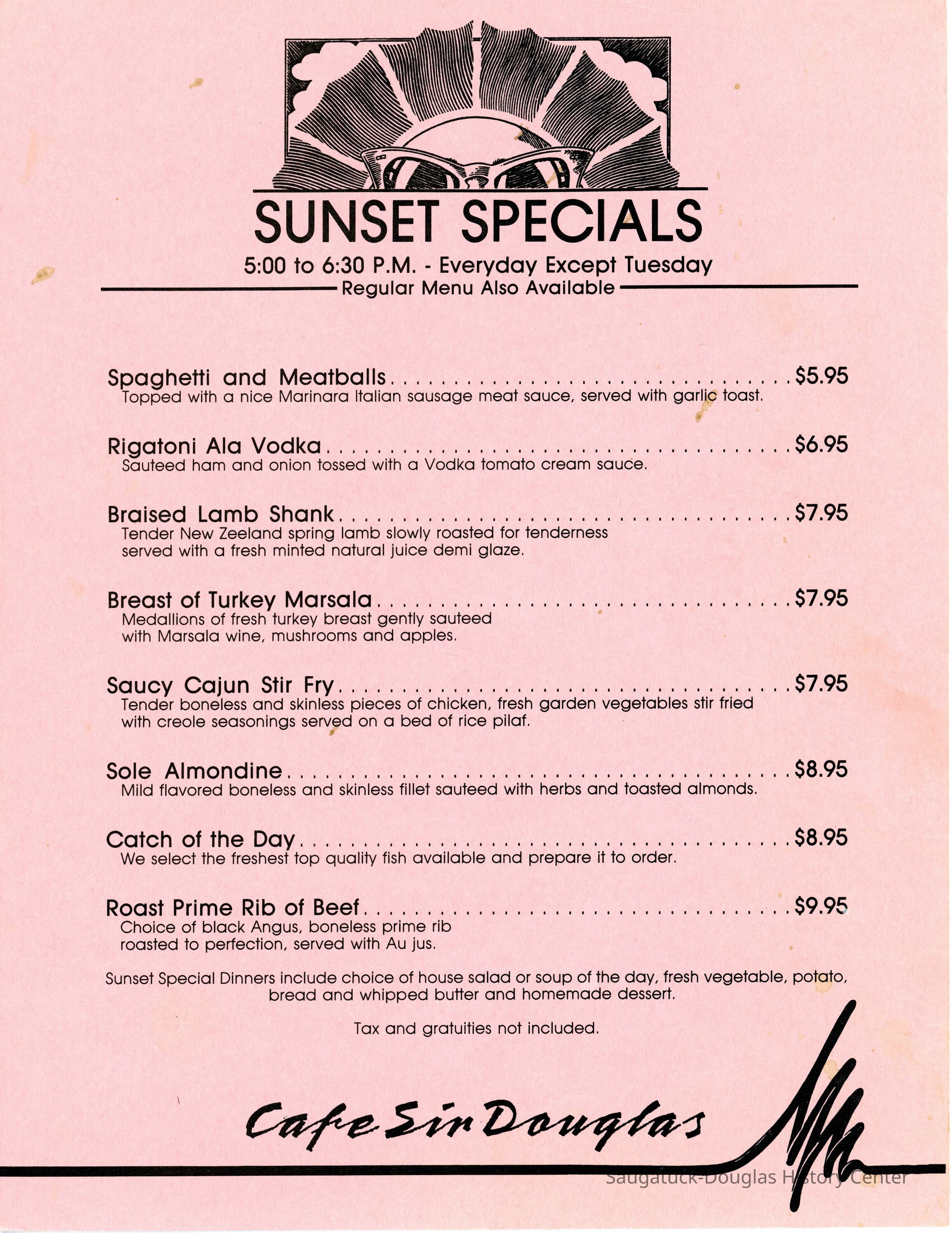 Cafe Sir Douglas Sunset Specials Menu