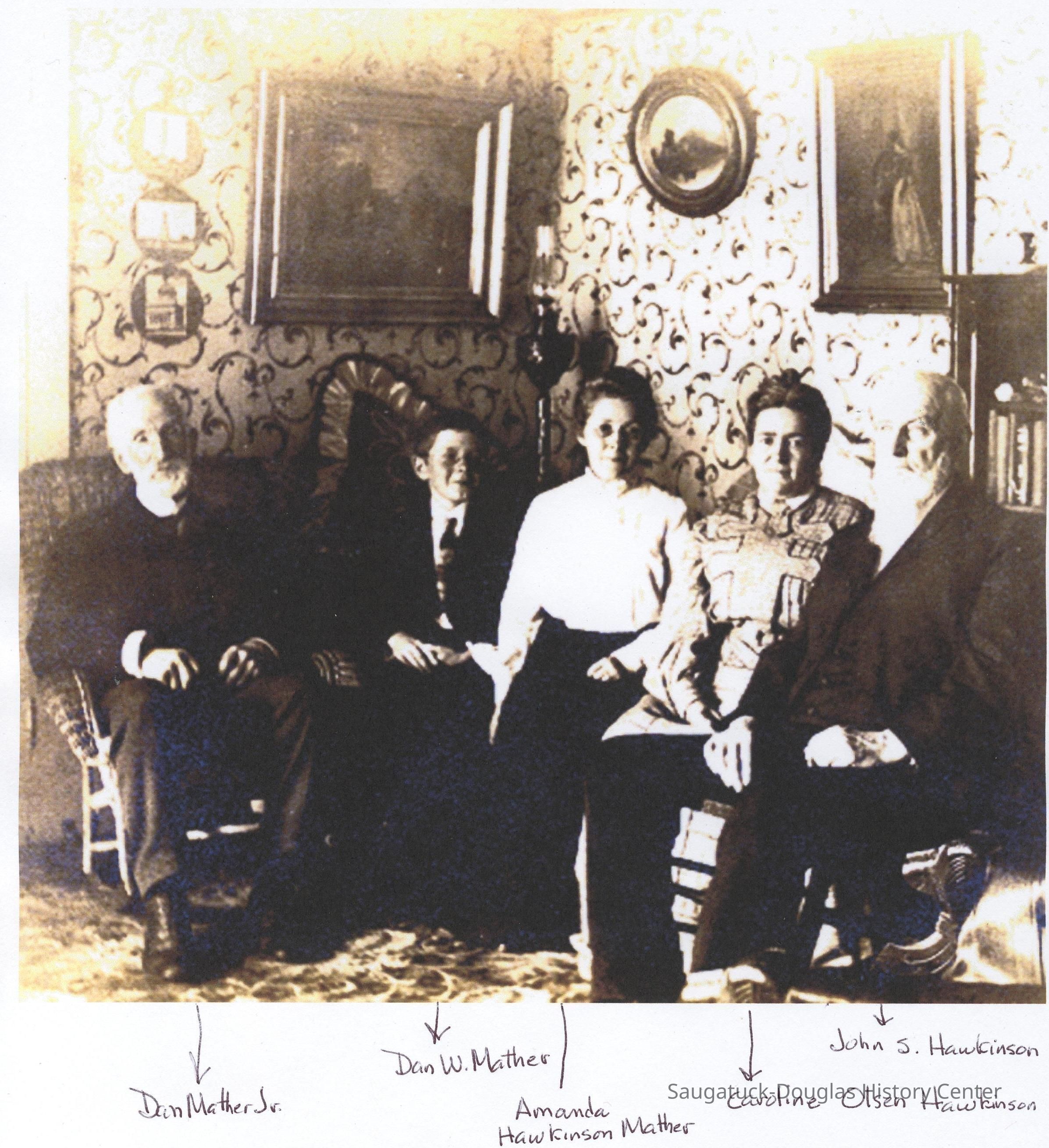Mather-00-FamilyPhotoc1902-Cr.JPG 829KB; Dan Mather Jr., Dan W. Mather, Amanda Hawkinson Mather, Caroline Olsen Hawkinson, John S. Hawkinson