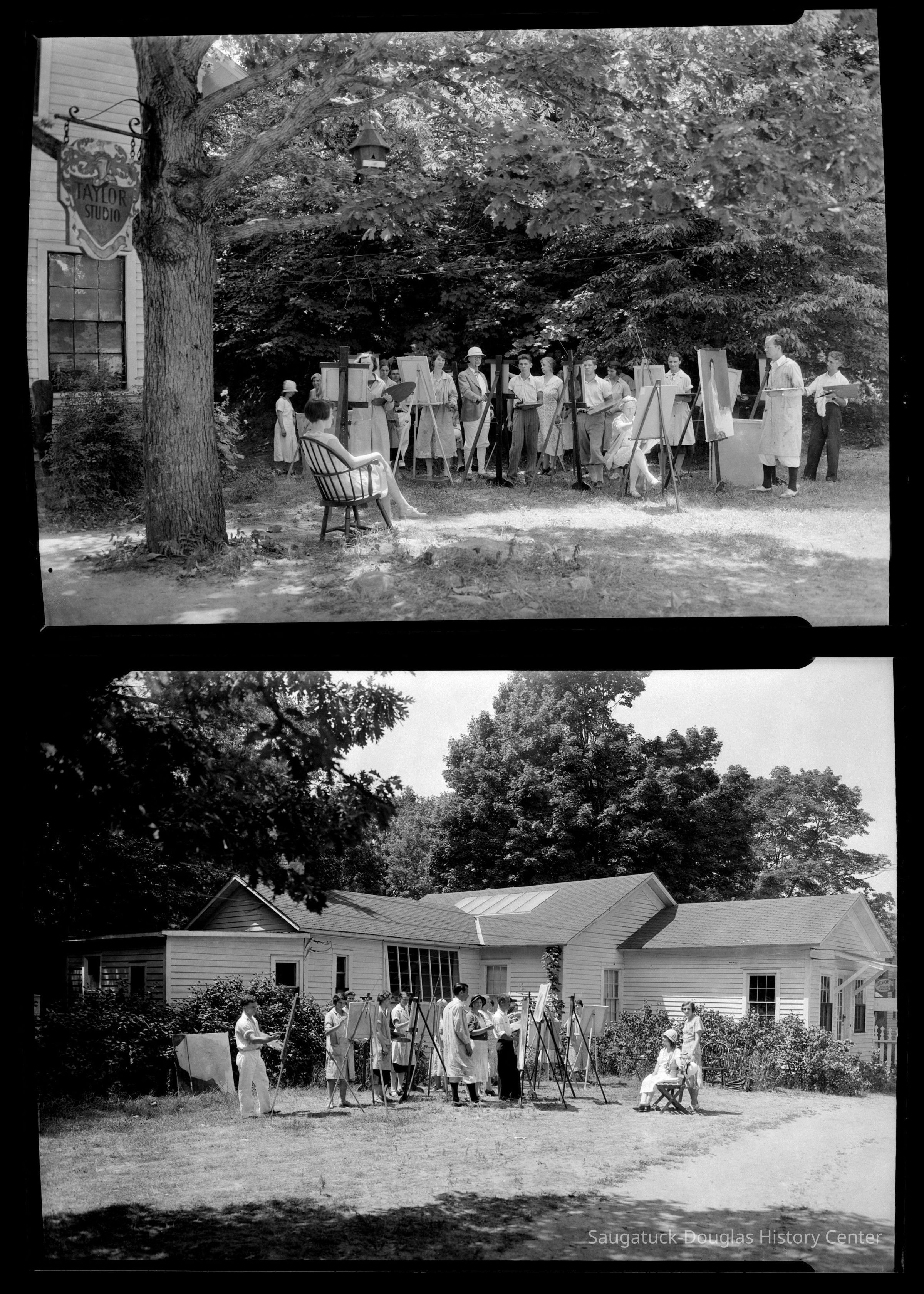 sim art students A.jpg 2.1MB; Scan of two publicity photos for the Taylor Art School.
Top: Adult art students painting a seated, clothed model in a yard. A Taylor Studio sign hands from a tree on the left of the image.
Bottom: Adult art students painting a pair of live, clothed models outside a white, clapboard building with skylights. A sign on the far left advertises Devoe art materials. The photo appears to be posed since the work on the canvases does not match the posed models. At the front of the artists group is a young man standing before a portrait of a single woman with a dark background. This same painting is visible Taylor Art School photo above.