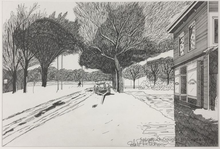          Drawing of a winter scene in downtown Saugatuck
   