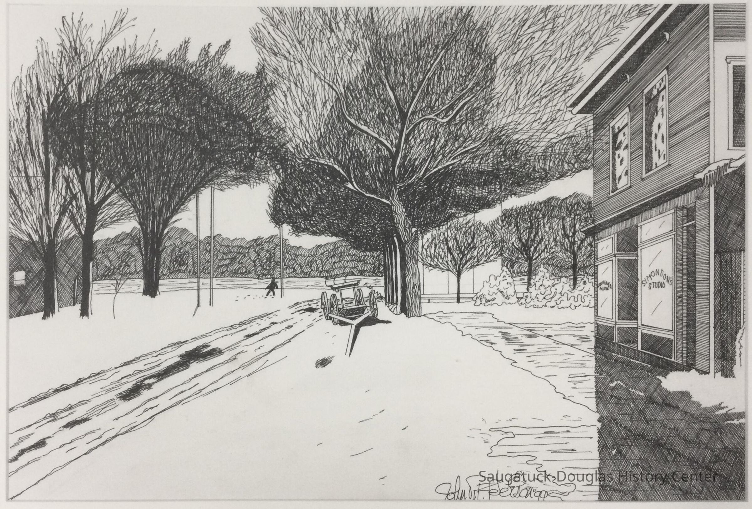          Drawing of a winter scene in downtown Saugatuck
   