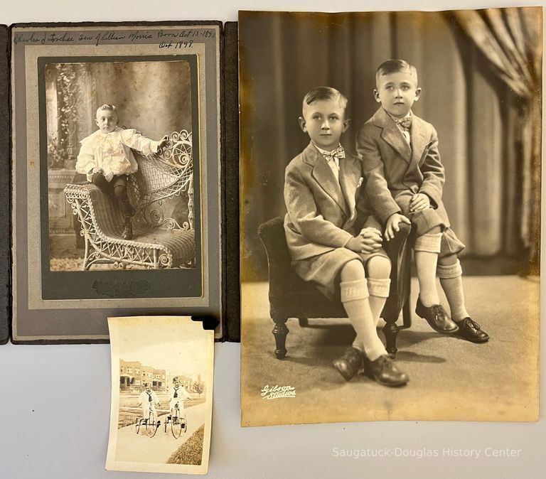          Charles as a frilly todder, brother on tricycles and dressed dapper for studio shot
   