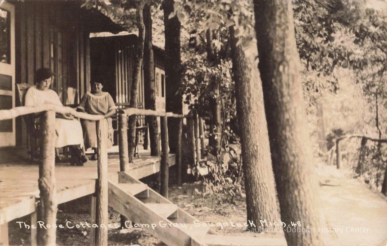 Source: "The Rose Cottages, Camp Gray, Saugatuck, Mich.". https://quod.lib.umich.edu/t/tinder/x-1456/tinder-rppc-002911. In the digital collection David V. Tinder Collection of Michigan Photography. William L. Clements Library, University of Michigan Library Digital Collections. February 02, 2026.
Transcription
Monday: This is a beautiful place, but the weather today has been terrible - rainy & cold. We have a splendid group of girls & are having a good time. May.
Postmarked June 26, 1928 to address in Ohio