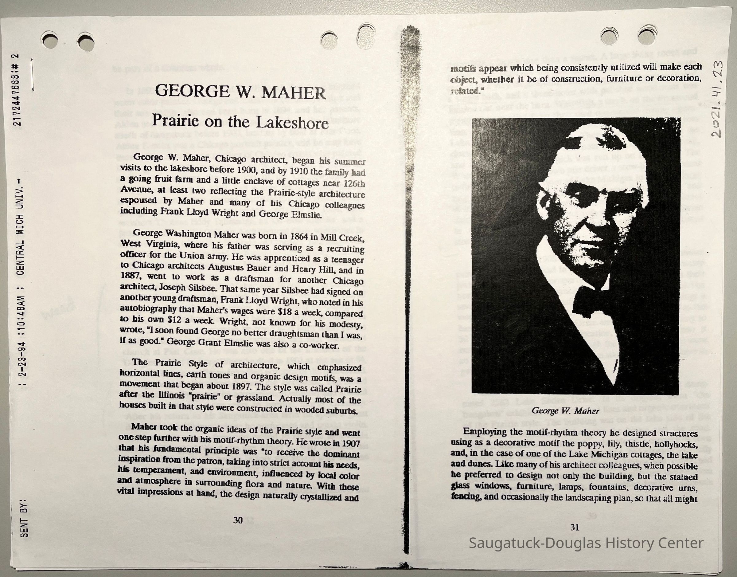          George W. Maher, Prairie on the Lakeshore; 6-page photocopy of a fax sent by Central Michigan University in 1994.
   