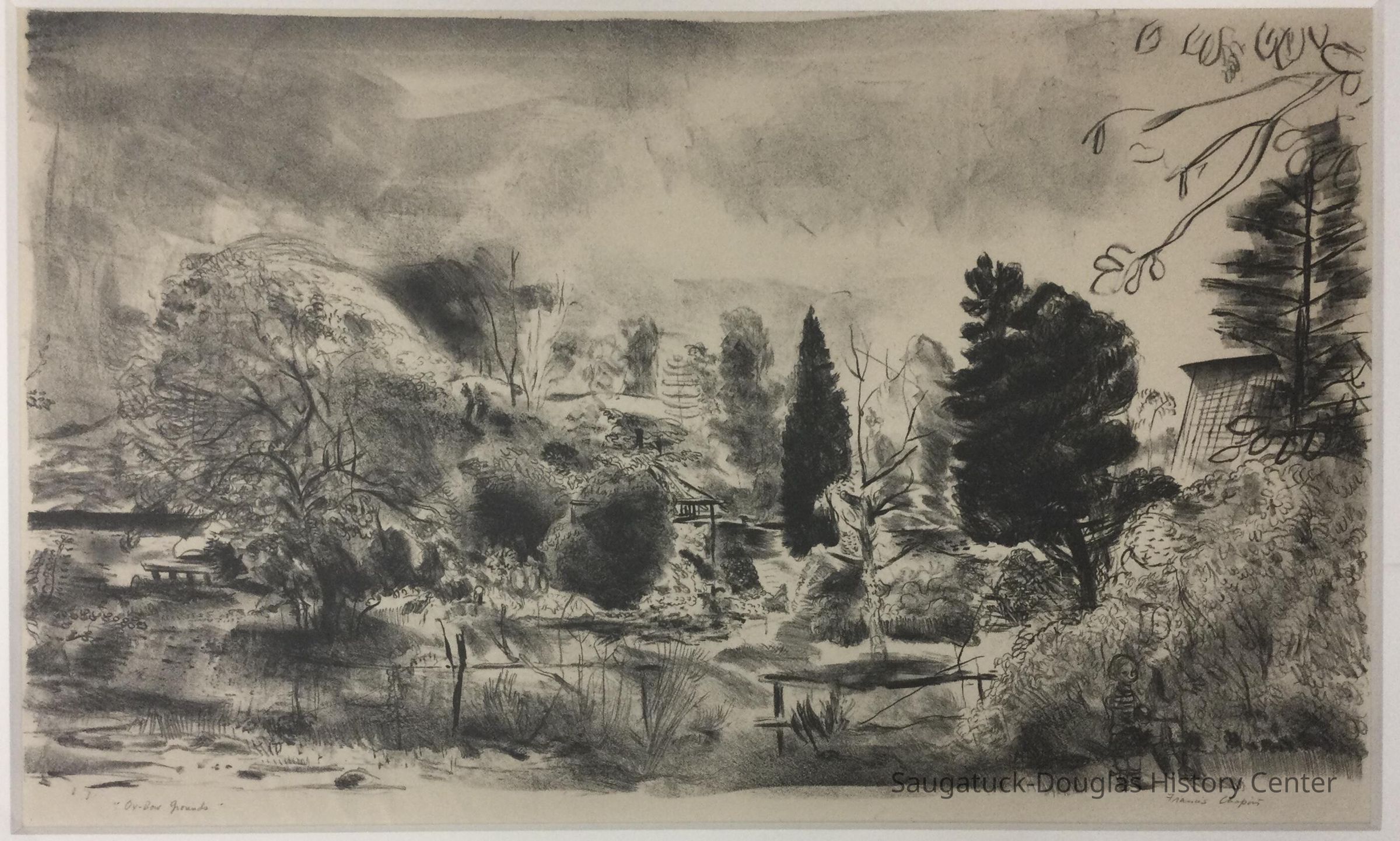 Lithograph print that shows a forested area on the lagoon
